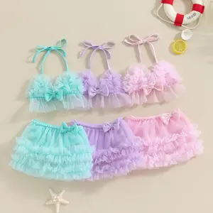 Baby Girls Bikini Set 6 1218 24 Months Infant Ruffles Swimwear Solid Tulle Halter Camisole Shorts 2pcs Summer Bathing Suit