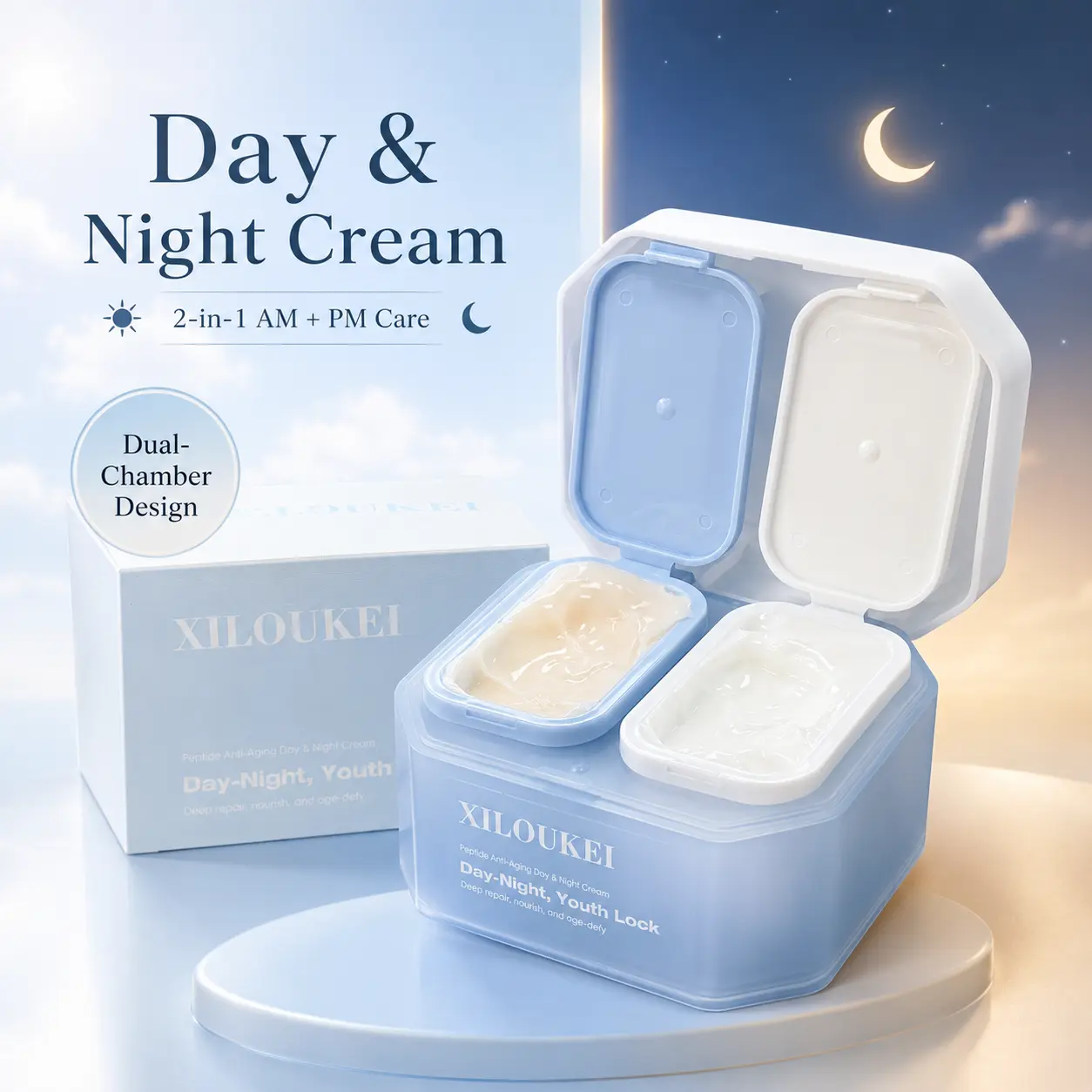 Peptide Face Cream, Double-Chamber Day and Nighttime Moisturizer for Anti-Aging, Hydrating Skin Repair & Brightening, Day + Night Youth Lock, Firming, Contains Neither