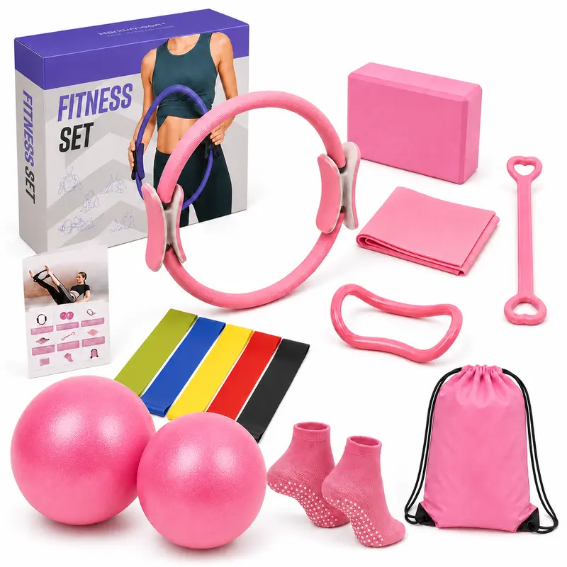 Women's 14PCS Beginner-Friendly Multifunctional Pilates Gear Set - Anti-Slip Resistance-Based Abdominal Exercise Home Workout Tools, 15in Pilates Ring, 10in Yoga Ball, Resistance Bands, Pedal Fitness Rope, Foam Layer, Anti Slip Pilates