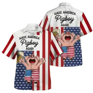 Bigfoot, Raccoon, Pig Drink Beer Hawaiian Shirt Funny Merica Pig USA Flag, Trendy Hawaiian Shirt for Men and Women, Gift for Dad, Joke Him, Meme Father Gift, Beach, Vacation, Casual Summer Outfit, Button Up, 4th of July Independence Day