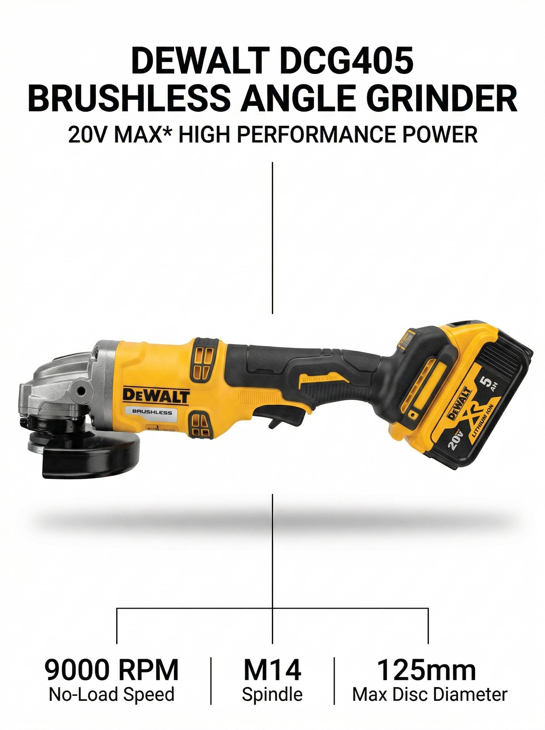 DEWALT DCG405-125 Brushless Angle Grinder Kit – 20V Battery & Charger – 9 Angle Orientations – 9000 RPM