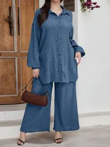 Women's Workwear Set, Pure Color Long Sleeve Decor, Simple Minimalist Shirt and Pants, Elegant Daily Wear, Office and Casual Use, Outfit