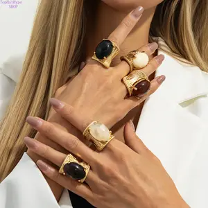 Women's Vintage Chinese Ancient Style Adjustable Wide Band Stacking Ring - Autumn Maillard Gradient Gem, Open Geometric Design, INS Trendy Niche, Warm Tone Elegant Costume Jewelry for Daily, Party Use, Stacking Rings, Adjustable Rings