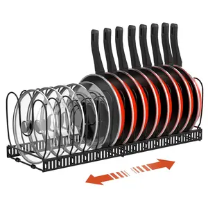 Pot and Pan Organizer Rack for Cabinet, Expandable Pot Lid Holder with 14 Adjustable Dividers, Expandable Kitchen Cookware Organizer for Pots, Pans, Lids & Utensils, 22.83" W x 7.09" D x 7.09" H