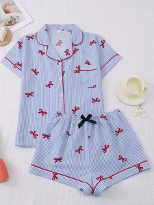 Women's Printed Bow Tie Shirt and Shorts Pajama Set, Womenswear, Comfortable Fit Lightweight Short Sleeve Sleepwear for Summer, Casual Sleep Dress and Loungewear