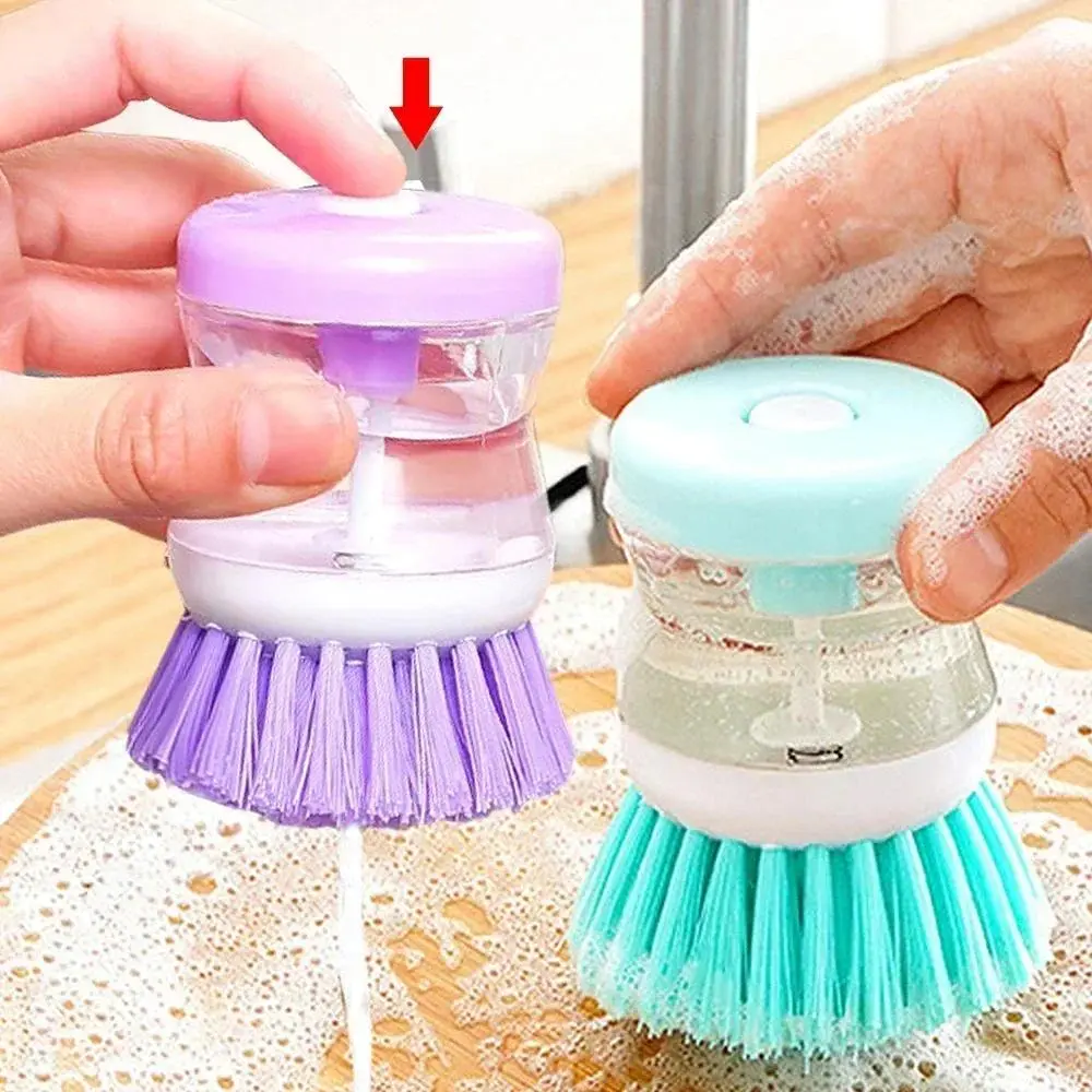 Automatic Liquid-Dispensing Dishwashing Brush - 1pc Green/Purple Home Kitchen Tool, Clean High Temperature Resistant, Comfortable Minimalist Durable Rubber Head, Nylon Wire, Plastic Body, 7cm Moisture Prevention Multifunctional for Pots Bowls