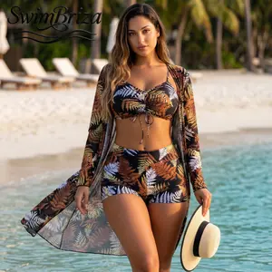 Briza｜Women's Long Sleeve Three Piece Bikini Set with Swim Shorts and Cover Up, Black Tropical Fern High Waisted Bathing Suit, Resort Ready Beachwear for Vacation, Pool and Summer, Women's Swimwear, Bathing Suit for Women, Two Piece Bathing Suit