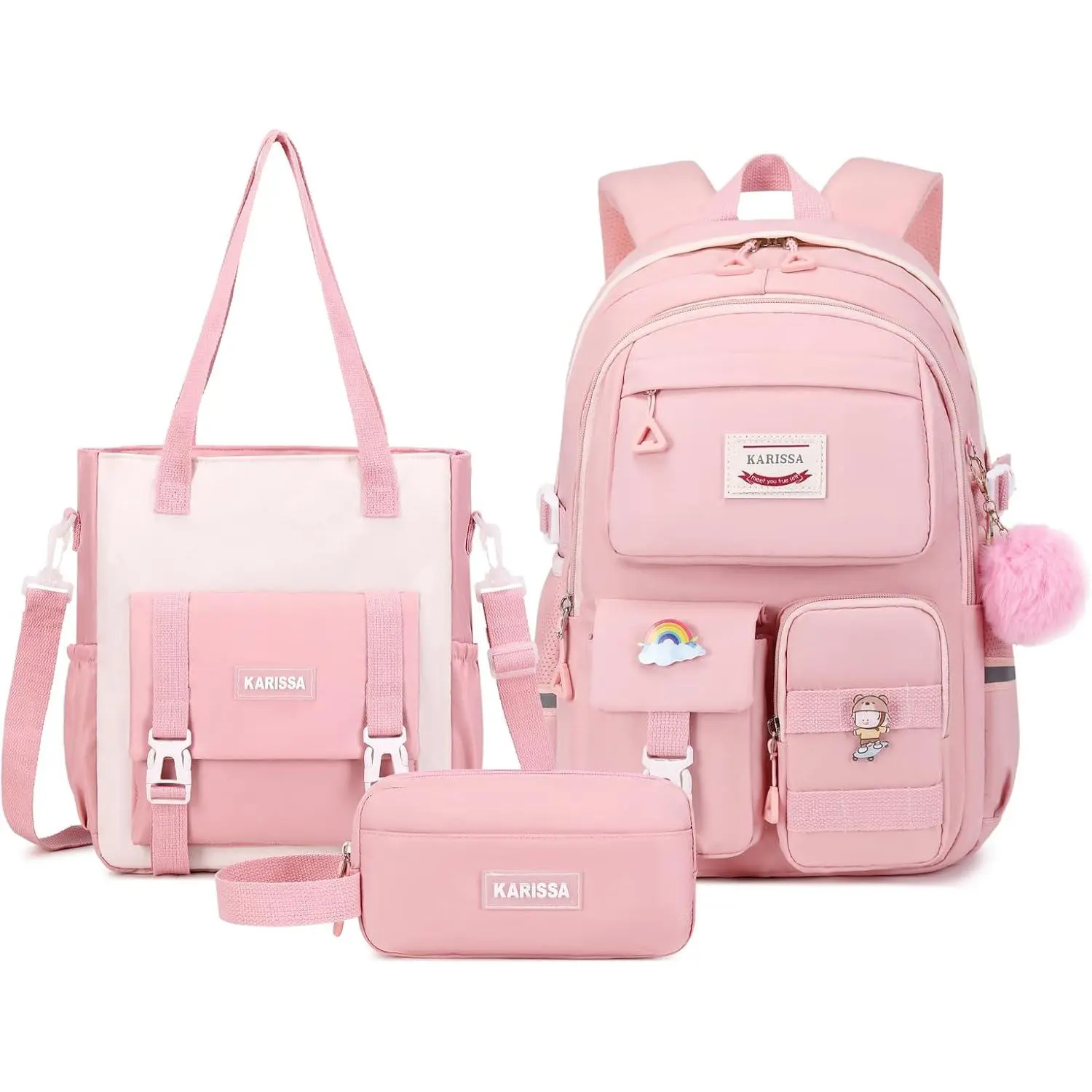 Kawaii Girls Backpack for School with Convertible  Tote Bag,Cute Teenage Multiple Pockets Backpack for Primary Elementary High School, Pink 3 count Set