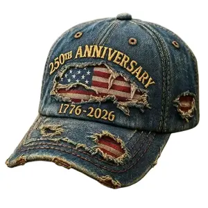 250th Anniversary Commemorative Vintage Distressed Denim Baseball Cap, men's style, featuring American flag embroidery, washed and relaxed fit, suitable for everyday casual and outdoor wear. An ideal gift for history enthusiasts, patriots, fathers, husban