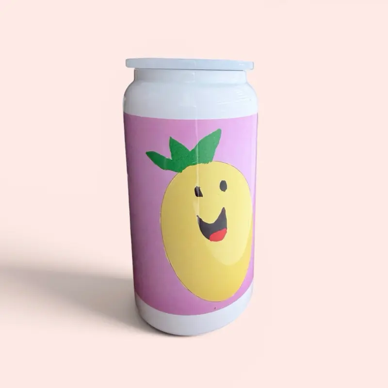 Happy Pineapple Stainless Steel Tumbler with Lid & Reusable Plastic Straw, Child’s Hand-Drawn Art