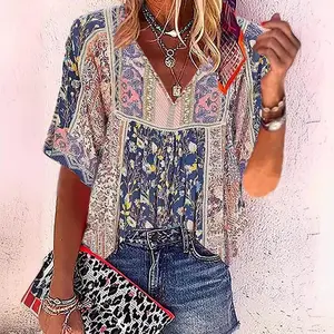 Floral Print V Neck T-Shirt, Boho Half Sleeve Top For Spring & Summer, Women's Clothing