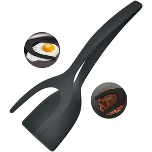 Dzsxlecc 2 in 1 Egg Shovel Pancake, Food Grade Silicone Fried Grip Flip Tongs, Non- Stick Turners For And, Bread, Home Kitchen Cooking Tool (Black), 30.5*8.5cm, D-D065