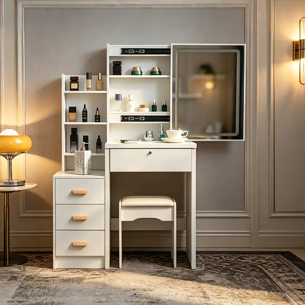 White Small Makeup Vanity Desk Set with 3-Color LED Lights, Sliding Mirror, 3 Shelves, Drawers & Stool - Bedroom Organizer for Small Rooms,  Vanity Set with Mirror and Stool and Lights