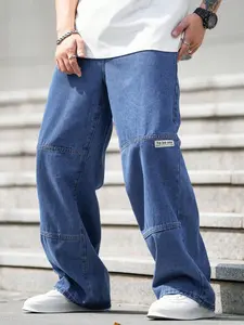 Men's Letter Patched Pocket Button Fly Wide Leg Jeans, Relaxed Fit Jeans, Loose Casual Style Denim Trousers for Daily Wear, Fashion Men's Bottoms for All Seasons, Jeans for Men, Cotton, Long Pants, Menswear