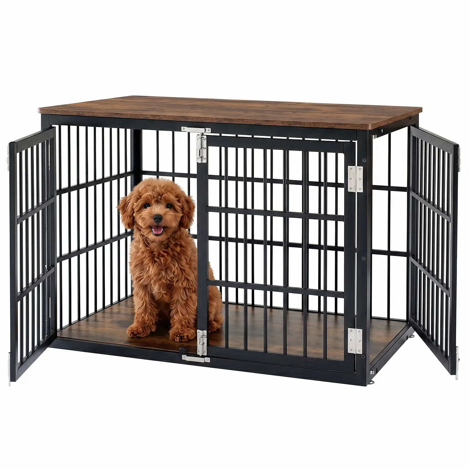Sweetcrispy Lockable Dog Crate End Table Kennel, Heavy-Duty Full Metal Bar Indoor Cage for Small/Med Dogs with Left/Right Reversing Door, Double Locks, Solid Wood Surface