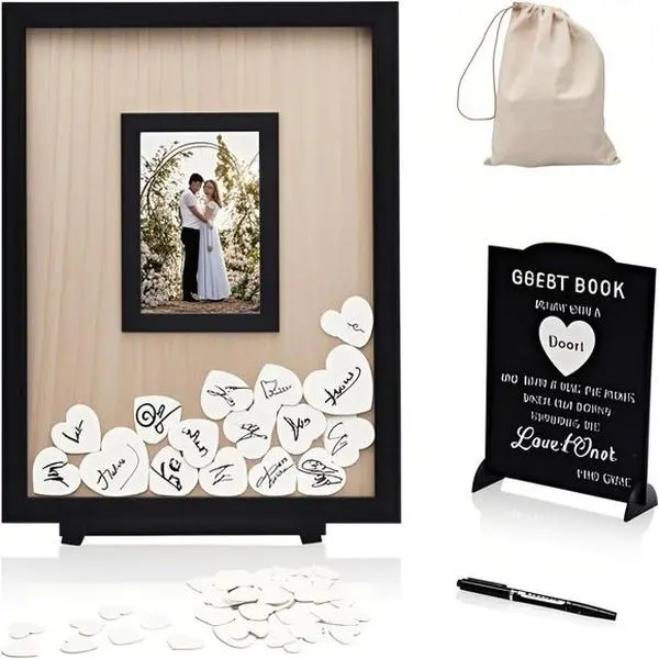 Wooden Keepsake Guest Book with Heart Inserts - Unique Wedding Guest Sign Alternative - Reusable Anniversary Birthday Baby Shower Guest Book - Handcrafted Wooden Hearts - Personalized Party Guest Signing Book