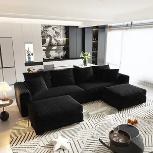 102.4 in Plush Fabric Corduroy 4-Seat Sofa - Modern Comfy Upholstered Cloud Couch, Deep Seat Convertible Lounger with Soft Pillows, 2 Ottomans Included, Black (ETA:8.15)