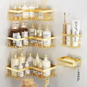 5pc Rust-Proof Stainless Steel Corner Shower Shelf - Wall-Mounted Bathroom Organizer for Shampoo, Toner, and Cosmetics, Space-Saving Design with Multiple Compartments, Black/Gold/Pink Finish for Modern Bathrooms, Bathroom Decor And Accessories soap holder