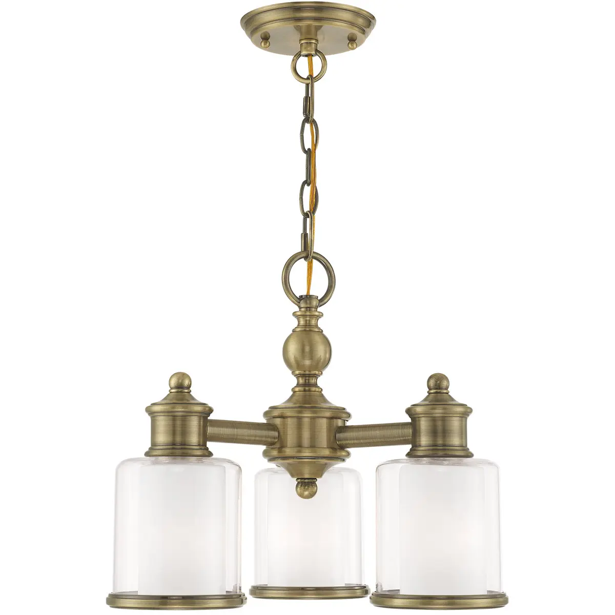 3 Light Antique Brass Convertible Mini Chandelier/Ceiling Light fixture with Clear Glass & Satin Opal White Glass Shade