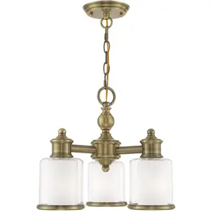 3 Light Antique Brass Convertible Mini Chandelier/Ceiling Light fixture with Clear Glass & Satin Opal White Glass Shade