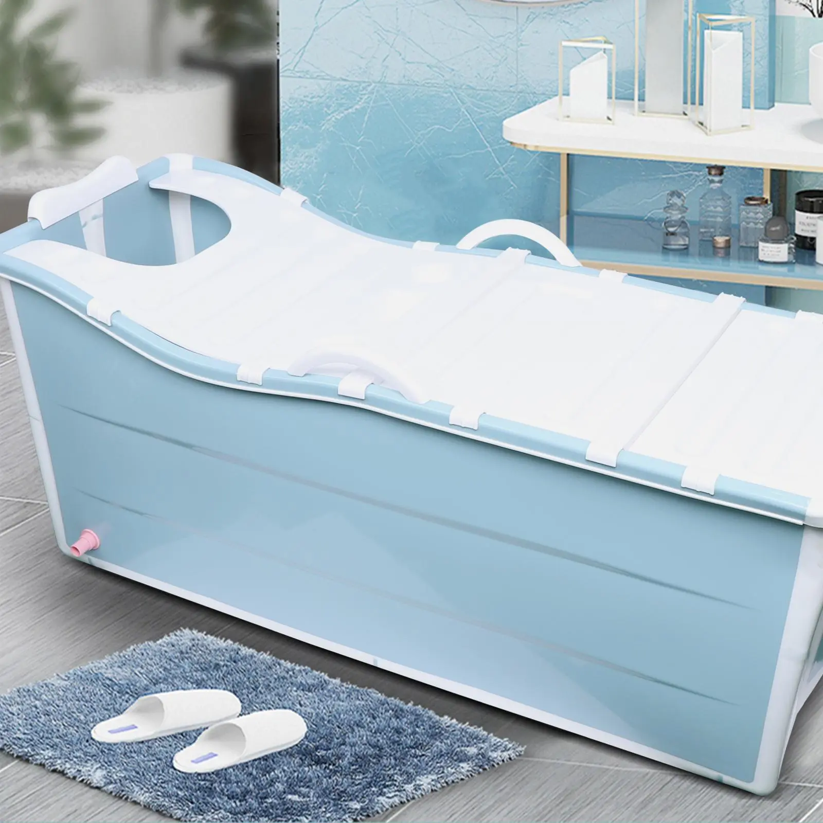 Adult Portable Folding Rectangle Shower Tub - Large Thick Freestanding PP/TPE Insulated Bathtub with Lid, Non-Slip for Bathrooms (US Stock), Folding Bathtub