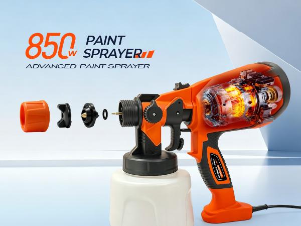 FURRELOR HVLP Sprayer Set - 850W Handheld Electric Paint Sprayer, 1400ml/47oz, 4 Nozzles, 3 Patterns, Adjustable Flow Knob, Viscosity Check Cup, Gloves & Goggles, Beginner-Friendly for DIY Home Painting (Doors, Orange), Adjustable Paint Sprayer, Handheld
