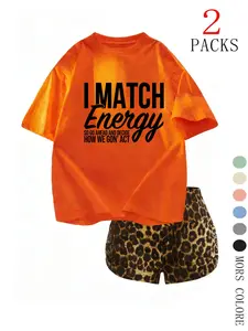 Y2K Energy Slogan Set, High Elastic Milk Silk Fabric, Slim-Fitting Loose Shoulder Tee, High Waist Leopard Shorts, Fall & Winter Fashion