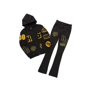 Leslaw Black Stacked Flare Hoodie Track Set