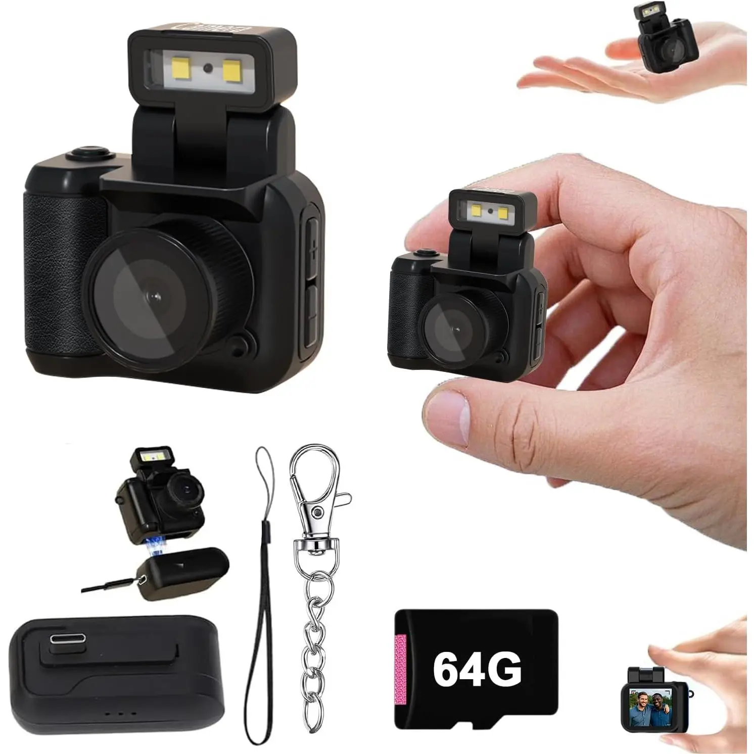 Retro Snap Camera,Mini Nostalgic  View  Snaps  Digital Photo Camera,Llavero Mini CaMara Retro,1080p  with Led Flash Light(64G)