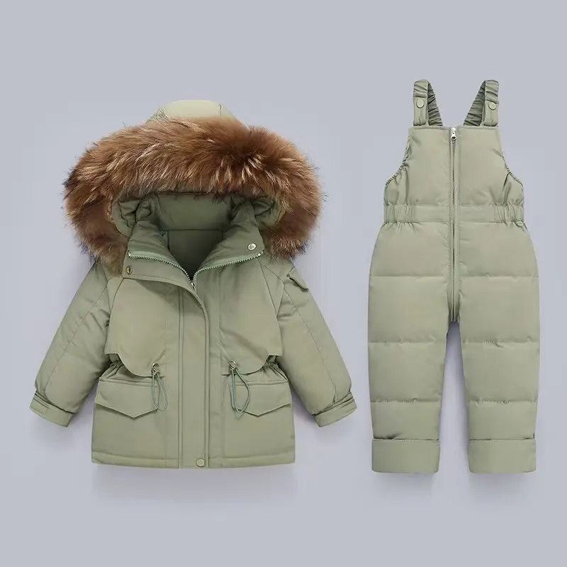 Kids' Windproof Drop Shoulder Snow Suit, Thick Hooded 2-Piece Plain Polyester Set for Winter Skiing (0-4Y)