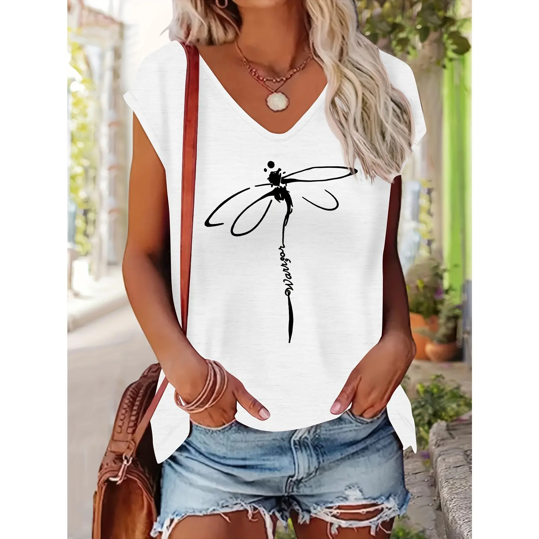 Women's V-Neck T-Shirt, Soft Lightweight Cotton Blend Fabric Top with Dragonfly Graphic, Casual Fitted Style, Sizes S-L, Tshirt