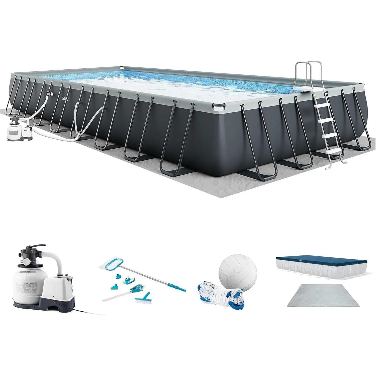 INTEX Ultra XTR 32ft x 16ft x 52in Above Ground Swimming Pool Set w/Pump | 26377EH - 2650 GPH Sand Filter Pump, Saltwater System, Maintenance Kit & Volleyball Game Included - Strong Galvanized Steel