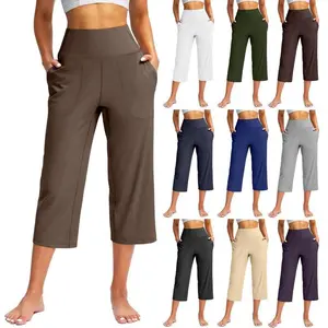 2026 Women's Women's Solid Color Wide Leg Cropped Pants with Pockets Abdominal-Shaping High Waist Sports Yoga Pants Women's Loose Capri Pants with Pockets