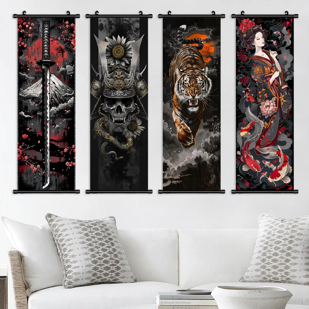 Samurai & Geisha Pattern Wall Art, 4 Counts/set Japanese Style Decorative Painting, Exquisite Wall Decoration Scroll Painting, Home Decoration Poster Wall Prints, Artistic Indoor Decoration