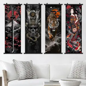 Samurai & Geisha Pattern Wall Art, 4 Counts/set Japanese Style Decorative Painting, Exquisite Wall Decoration Scroll Painting, Home Decoration Poster