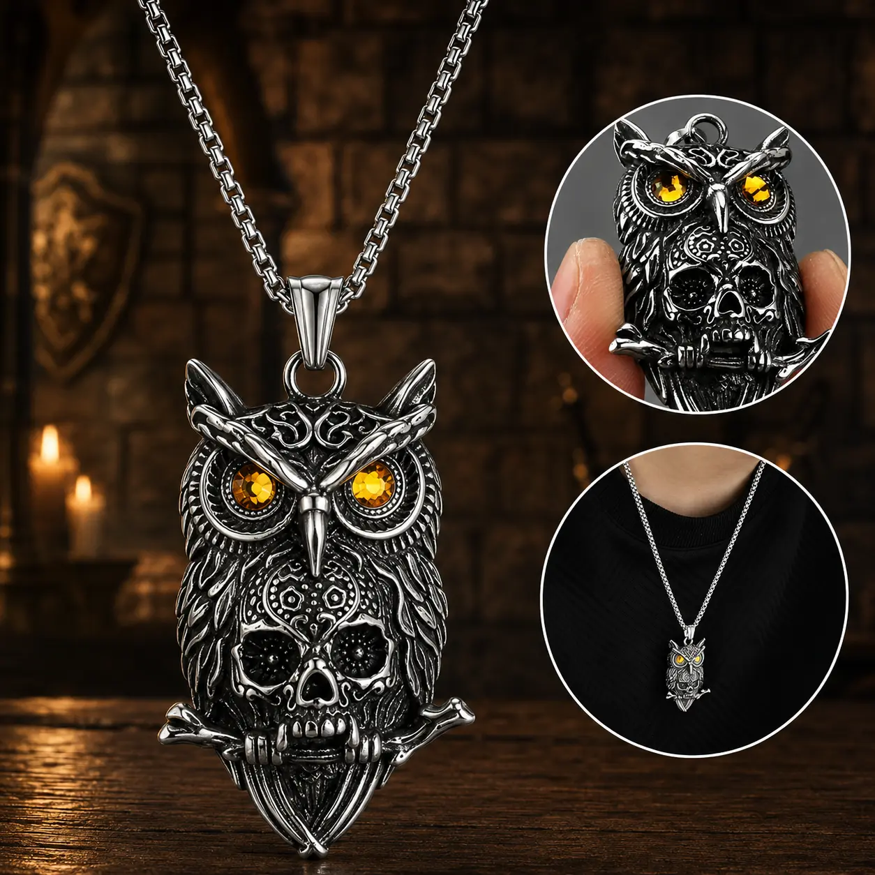 The Armored Kingdom Unisex Dark Goth Owl Skull Necklace - Gothic Medieval Stainless Steel Long Chain, Ember-Inspired Eyes, Intricate Detailing, Gothic, Fantasy, Alternative Style, Animal Shape Designs for Dark Fantasy Lovers, Daily Wear, Gothic Necklaces,