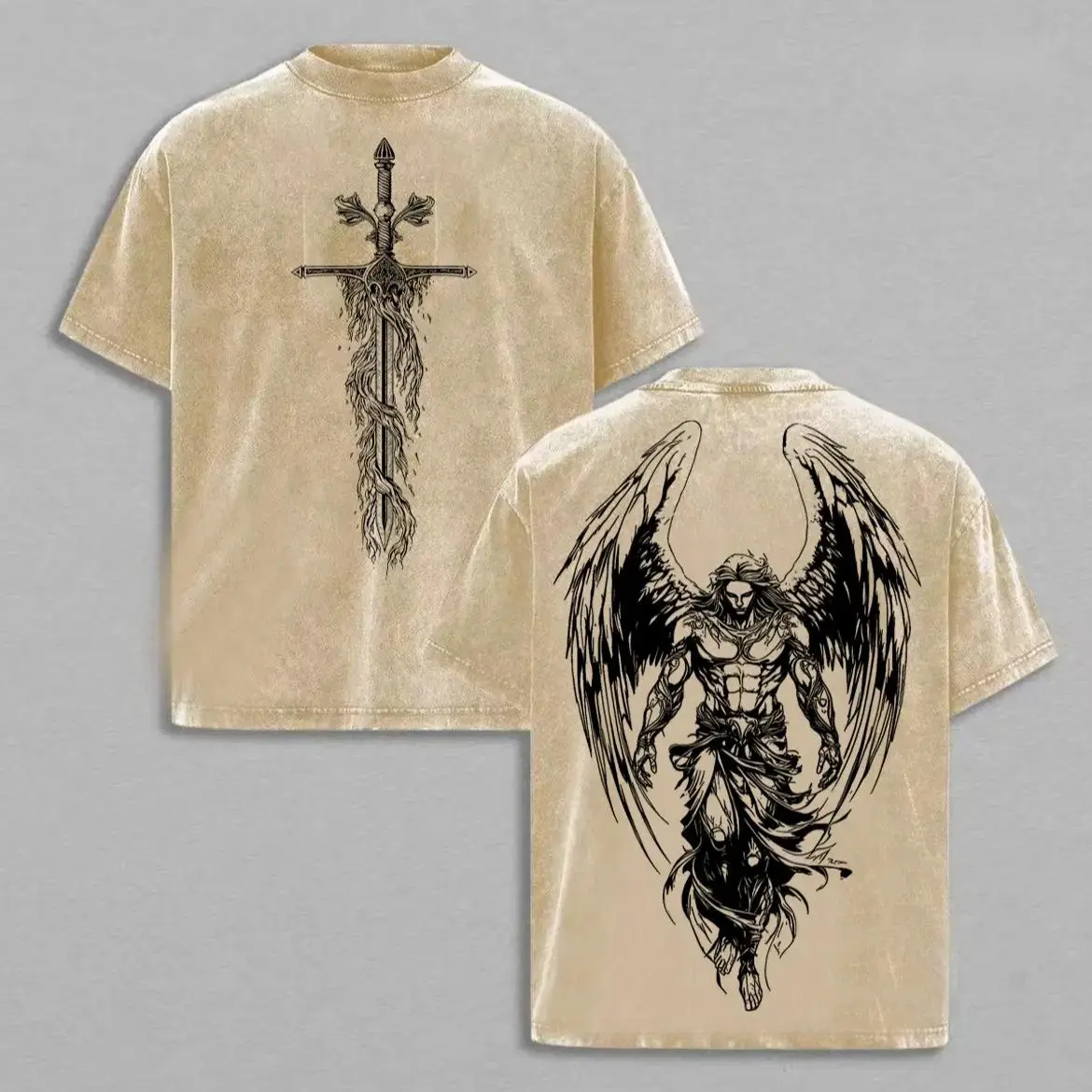 Mens Saint Michael Archangel Graphic T-Shirt - 230gsm Heavy Cotton Fabric, Short Sleeve, Oversized Casual Menswear, Unisex Dark Angel Aesthetic, Flaming Sword/Shield/Scales of Justice, Vintage Washed, Catholic Faith Gift for Believers, Shortsleeve, Print