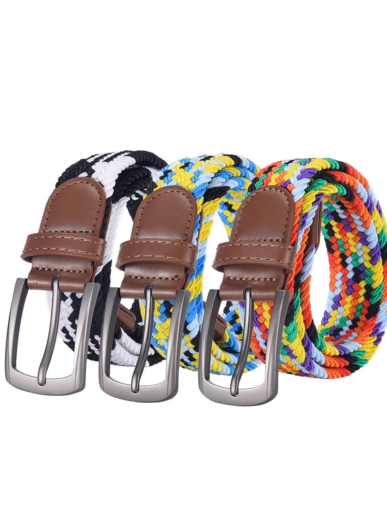 Women's Rainbow Design Woven Waist Belt Western Buckle Belt, Elastic Stretch Pin Buckle, Denim Jeans Workwear Skirt Versatile Belt, Dopamine