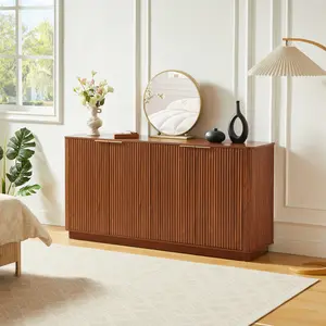 63" Buffet Cabinet Sideboard with stoarge, Vertical Stripe Cabinet Curved wave Design, TV Stand, for Bedroom, Living Room, Hallway, Walnut,63''W x 15.75''D x 31.5''H.