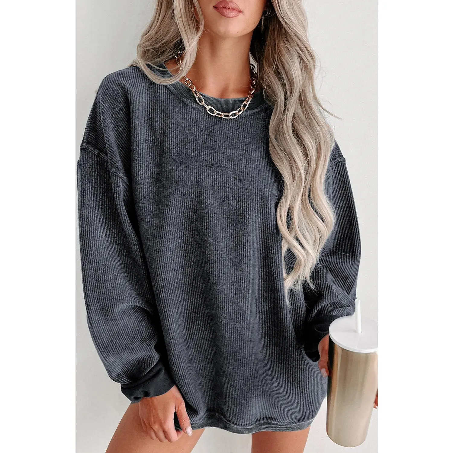 Khaki Solid Ribbed Round Neck Pullover Sweatshirt