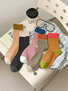 3pairs Women's Striped Crew Socks, Casual Fit, Breathable Comfort, Ideal for Daily Wear and Sports, Random Color Delivery