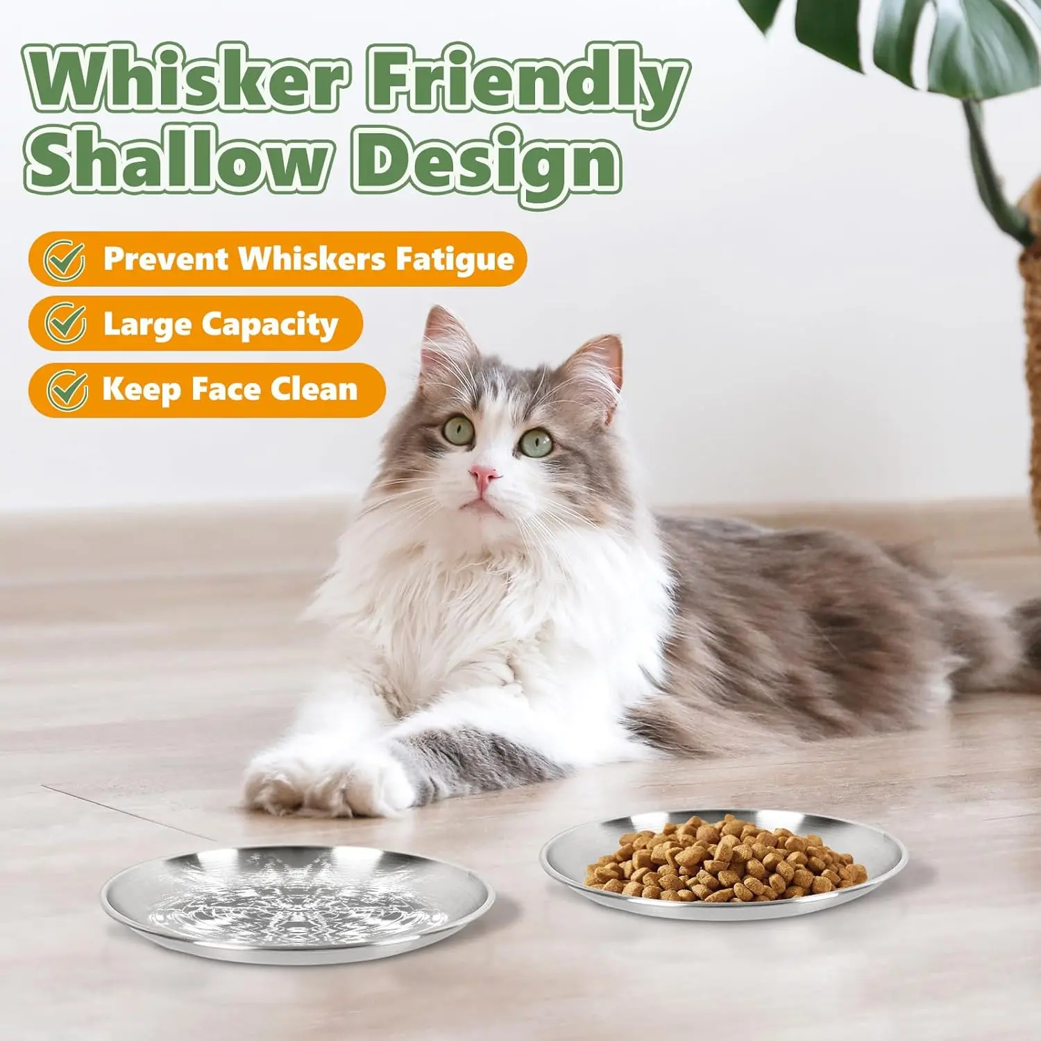 Wide Whisker Friendly Cat Dishes Set 6.7", Stainless Steel Cats Bowls, Shallow Food Bowl, Indoor Kitten Feeding Wet & Dry Food Dish to Prevent Whisker Fatigue(13 OZ) (Cat Dishes, 2 PCS)