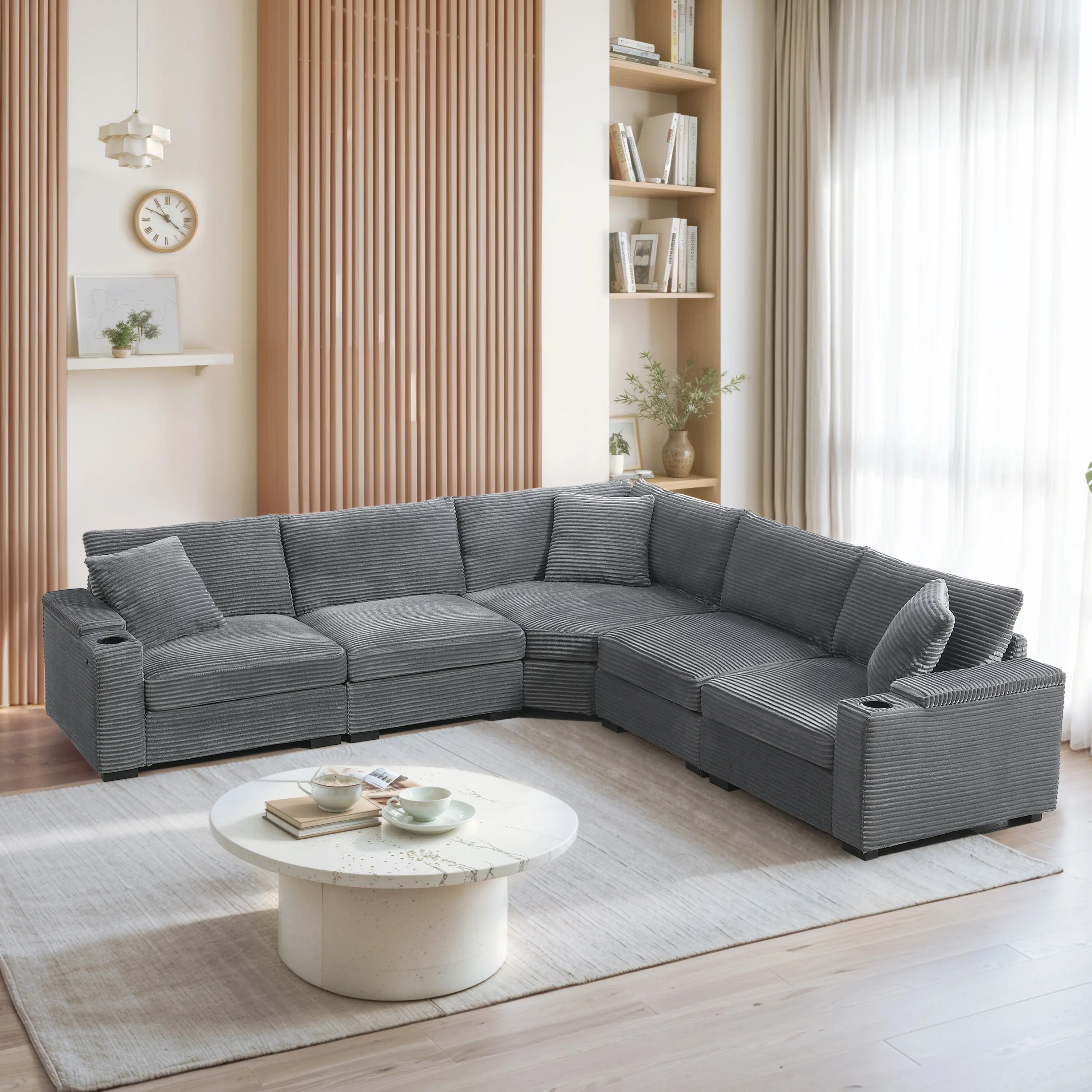 【Sub 4 packages】Niccae 104" Convertible L-Shaped Sectional Sofa, Corduroy Corner Couch with Armrest Storage, Cup Holders, USB Charger, Irregular Corner, Oversized Comfy Modular Sofa for Living Room&Apartment