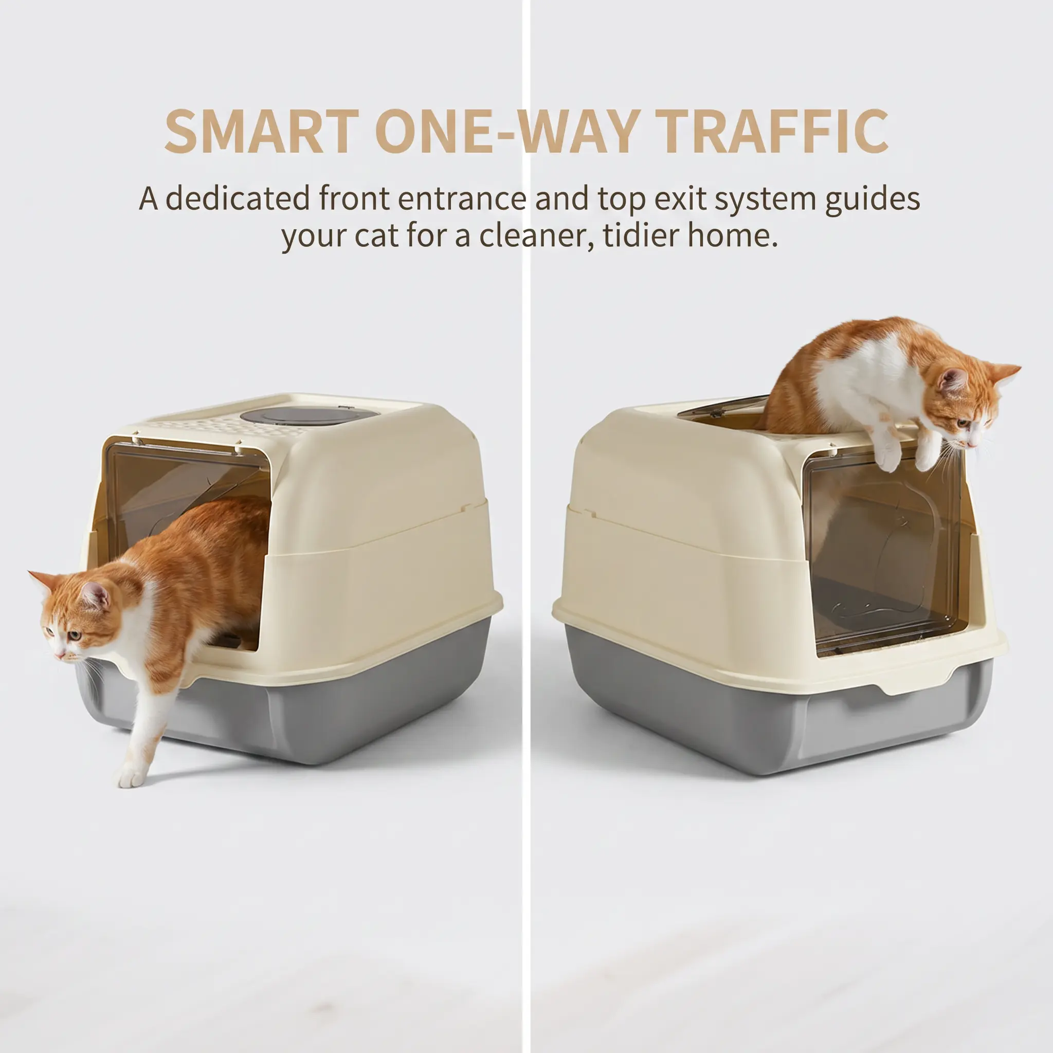 99% Litter Tracking Prevention Cat Litter Box with Smart-Grid Top Deck, Triple-Layer Mess Control, Front-Entry Top-Exit 1-Way Traffic Design for Modern Homes & Busy Pet Owners