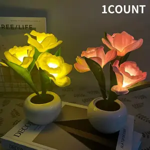 LED Simulation Tulip Flower Design Night Light with Vase, 1 Box Battery Powered Desktop Decorative Light, Decorative Light for Home Living Room Bedroom