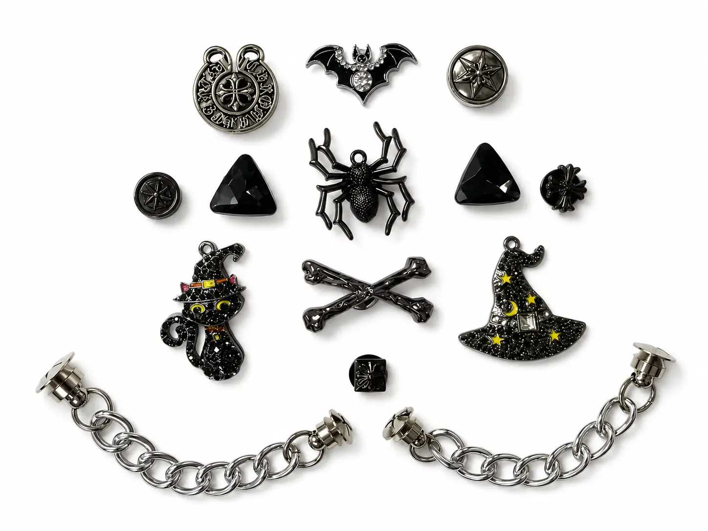 14PCS Gothic Halloween Shoe Charm Set with 2 Silver Chains, Bat, Spider, Witch Cat, Hat & Black Gem Charms for Clogs