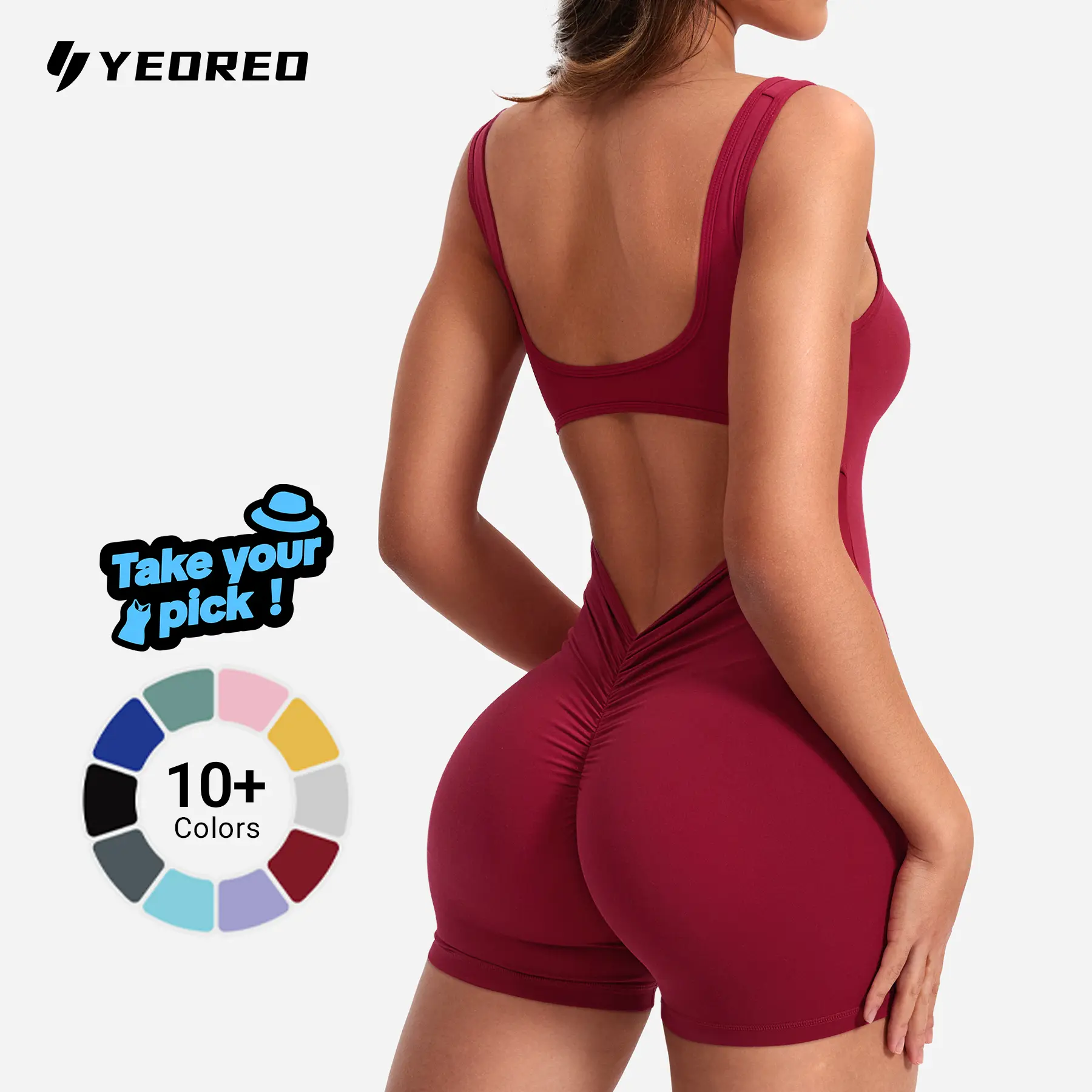 YEOREO One Piece Workout Jumpsuits for Women Backless Tummy Control Sleeveless Jumpsuits Lizvette V Back Scrunch Yoga Romper