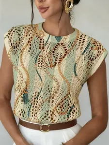 Spring Summer Elegant Women's Vintage Nautical Anchor Chain Print Round Neck Sweater, Casual Loose Fit Knit Top, Breathable Hollow Design