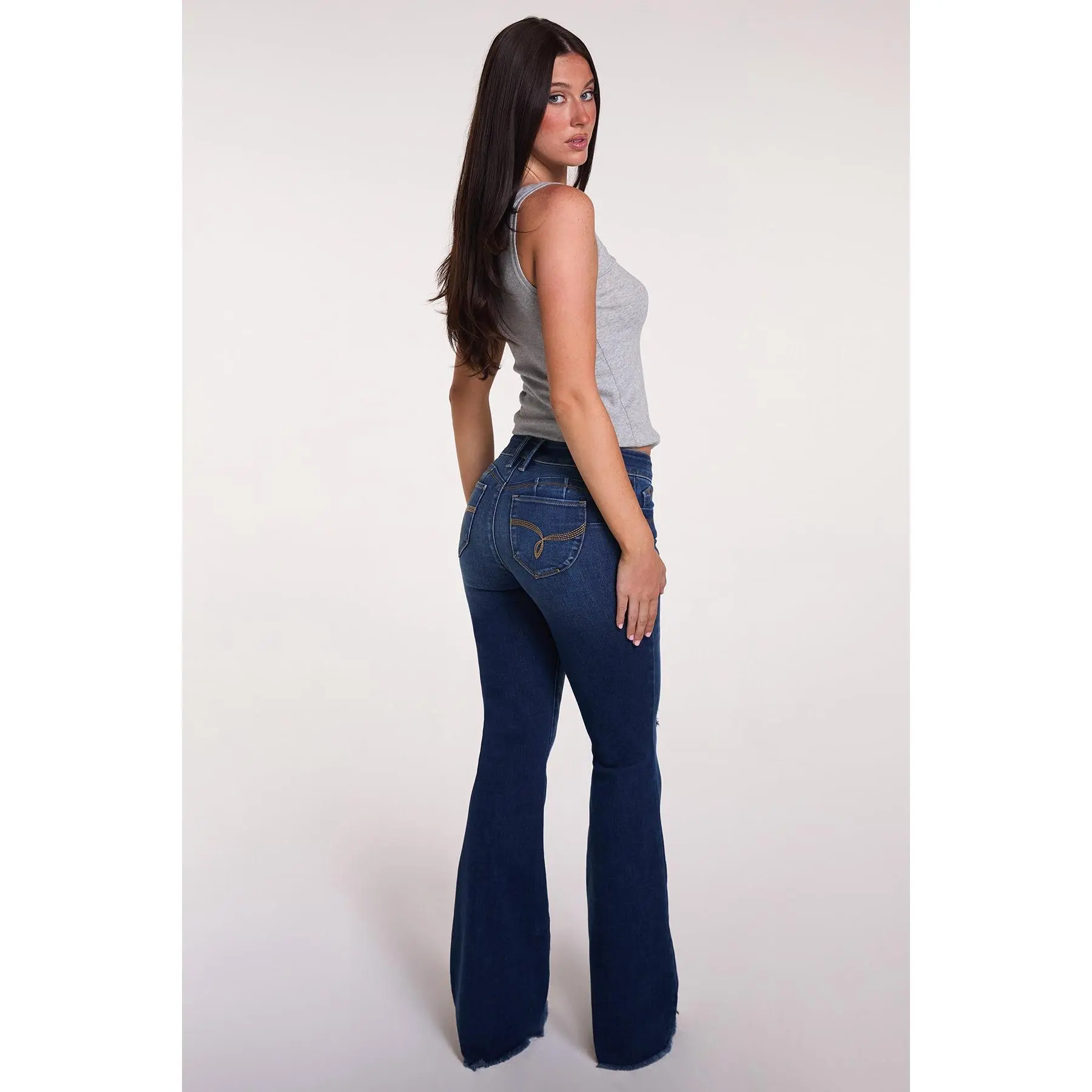Flare Jeans for Women, High-Rise WannaBettaButt Lifting Polyester Blend Denim with Frayed Hem, Belt Loops and Button Closure, Spandex, Pocket, Bottom, Flared, Bottoms, Bbl Jeans
