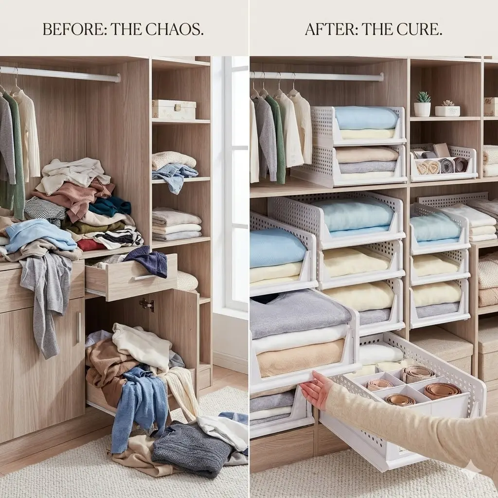 5-Pack Sturdy Plastic Stackable Wardrobe Organizer Baskets - Foldable Space-Saving Closet Storage Bins for Home Shelves, Heavy-Duty Clothing Storage Drawers